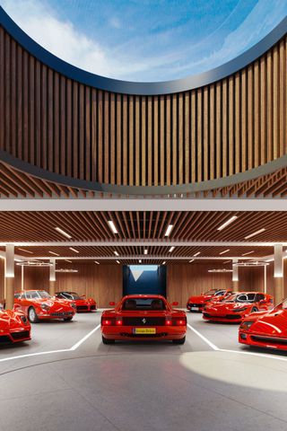Circular skylight above underground Garage Deluxe filled with Ferraris