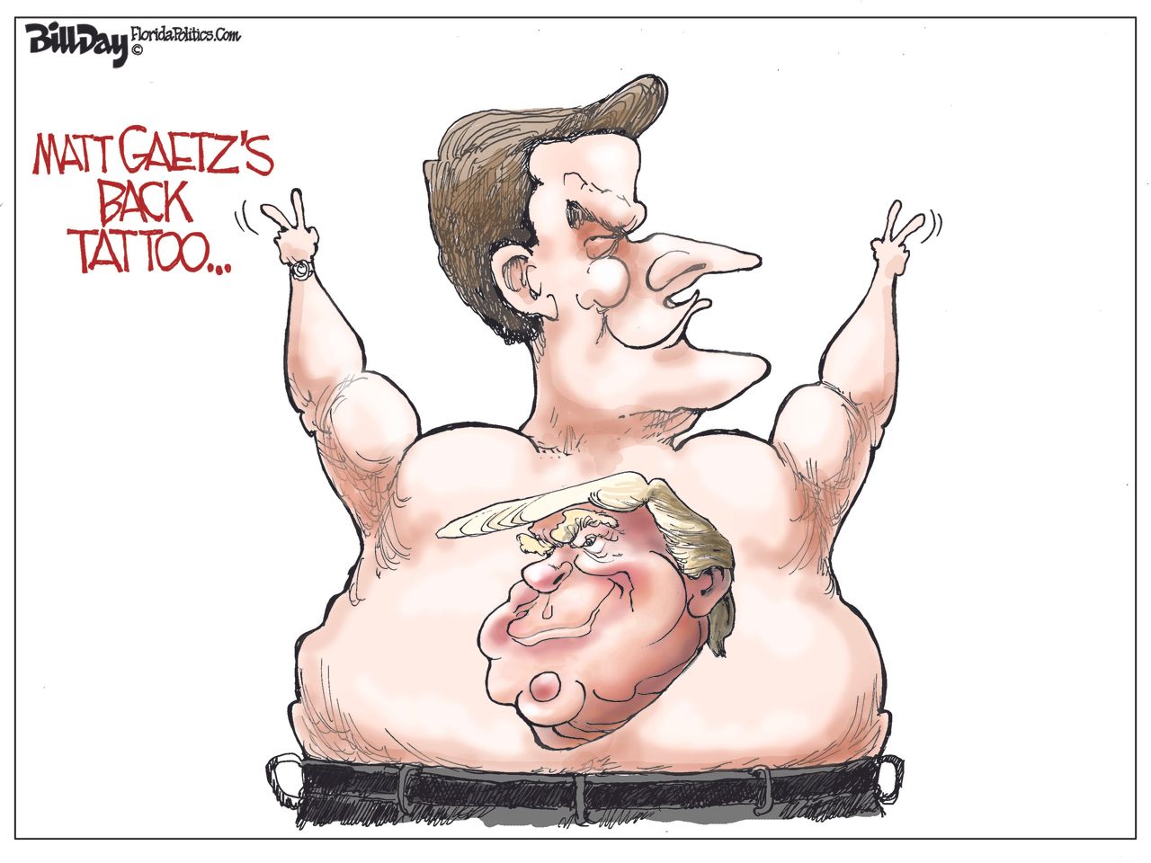 Political Cartoon U.S. Matt Gaetz Back Tattoo