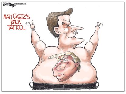 Political Cartoon U.S. Matt Gaetz Back Tattoo