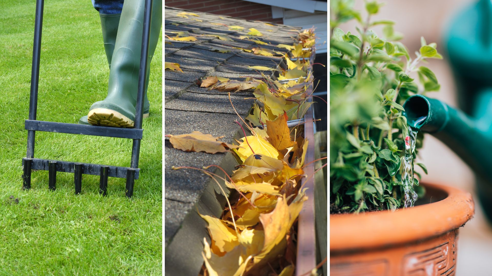 composite of lawn aerating, gutter filled with leaves and potted plant being watered