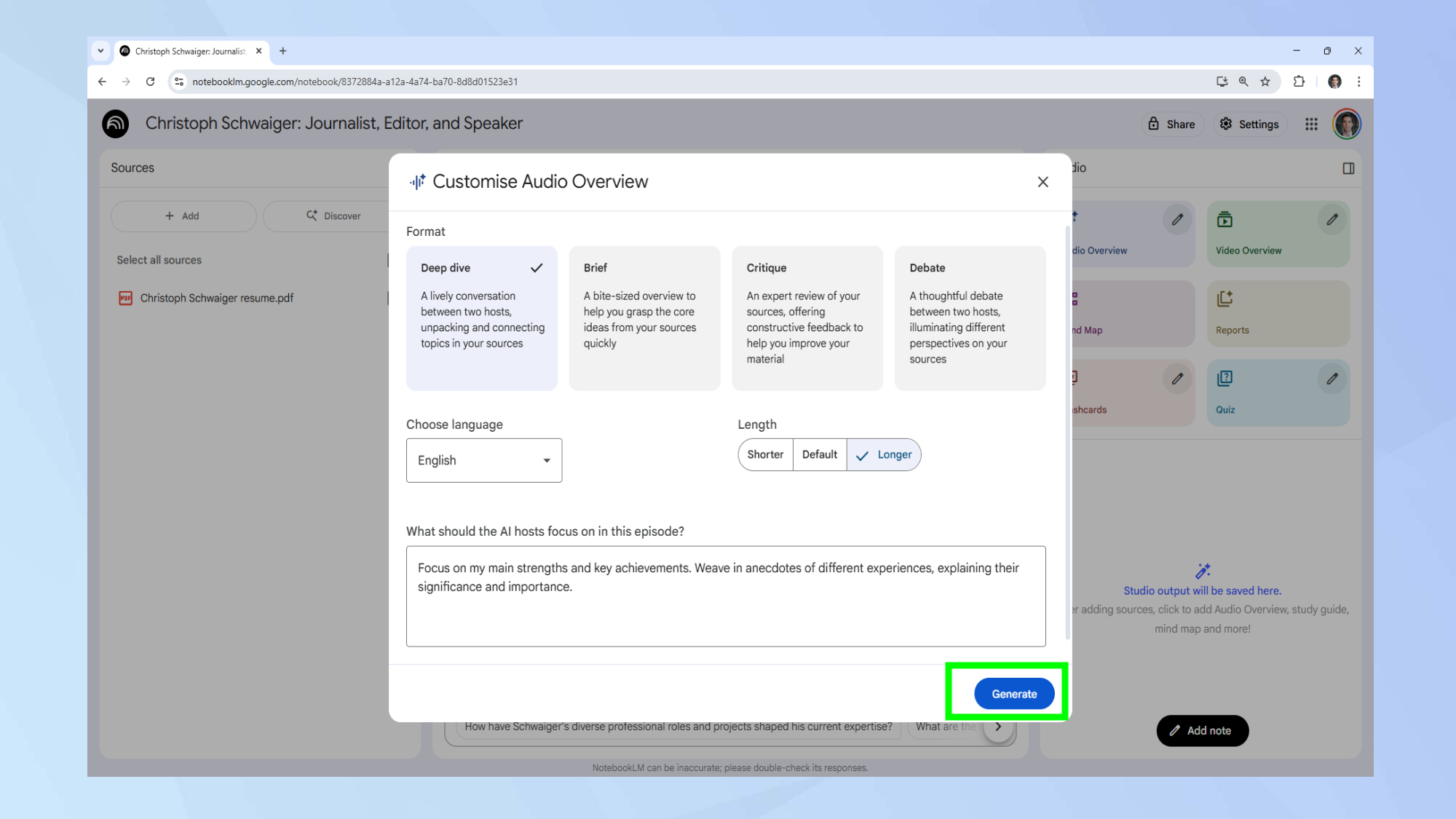 NotebookLM generate audio overview