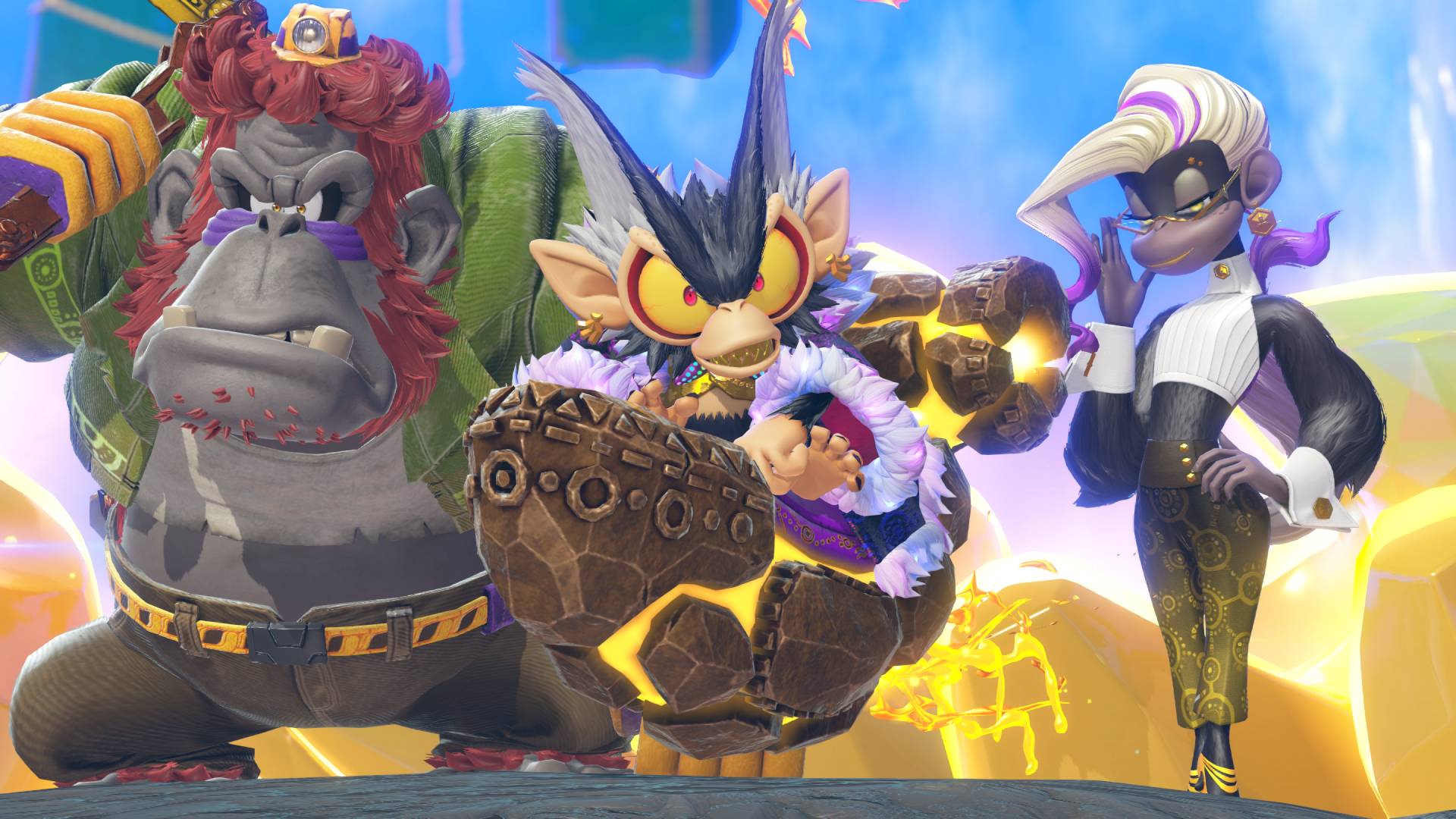 Donkey Kong Bananza screenshot showing the three members of VoidCo, with an ape called Cranky Kong and a bespectacled Poppy Kong standing either side of another monkey in the center
