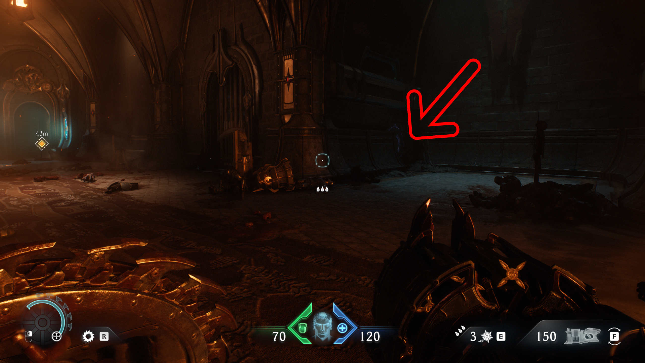Doom: The Dark Ages Siege Part 2 secrets - An arrow pointing out a wooden barricade hidden in the shadows of a room.