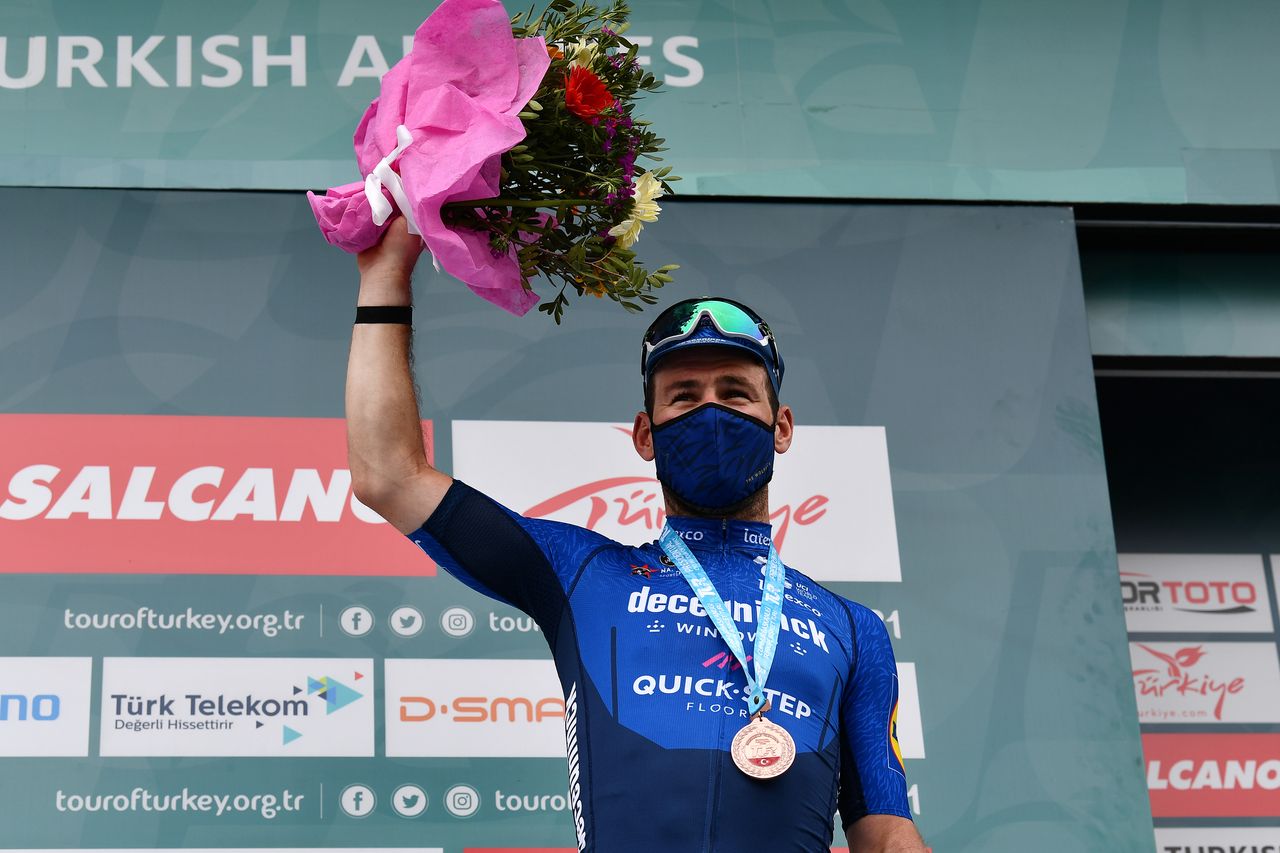 TURGUTREIS TURKEY APRIL 17 Mark Cavendish of United Kingdom and Team Deceuninck QuickStep celebrates at Podium during the 56th Presidential Cycling Tour Of Turkey 2021 Stage 7 a 180km stage from Marmaris to Turgutreis TUR2021 tourofturkeyTUR on April 17 2021 in Turgutreis Turkey Photo by Stuart FranklinGetty Images