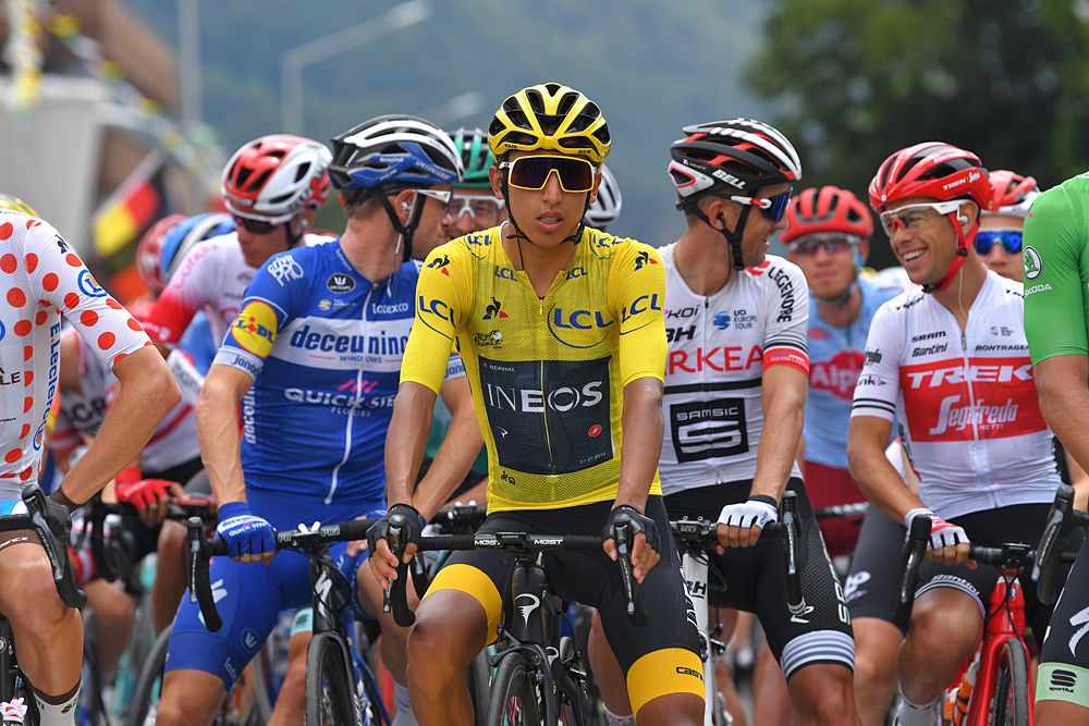 Egan Bernal (Team Ineos) starts stage 20 in the yellow jersey at the Tour de France