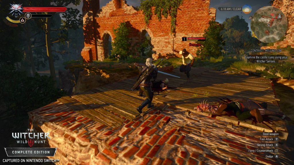 A screenshot from the witcher 3: wild hunt, showing Geralt of Rivia exploring a ruined fortress in White Orchard