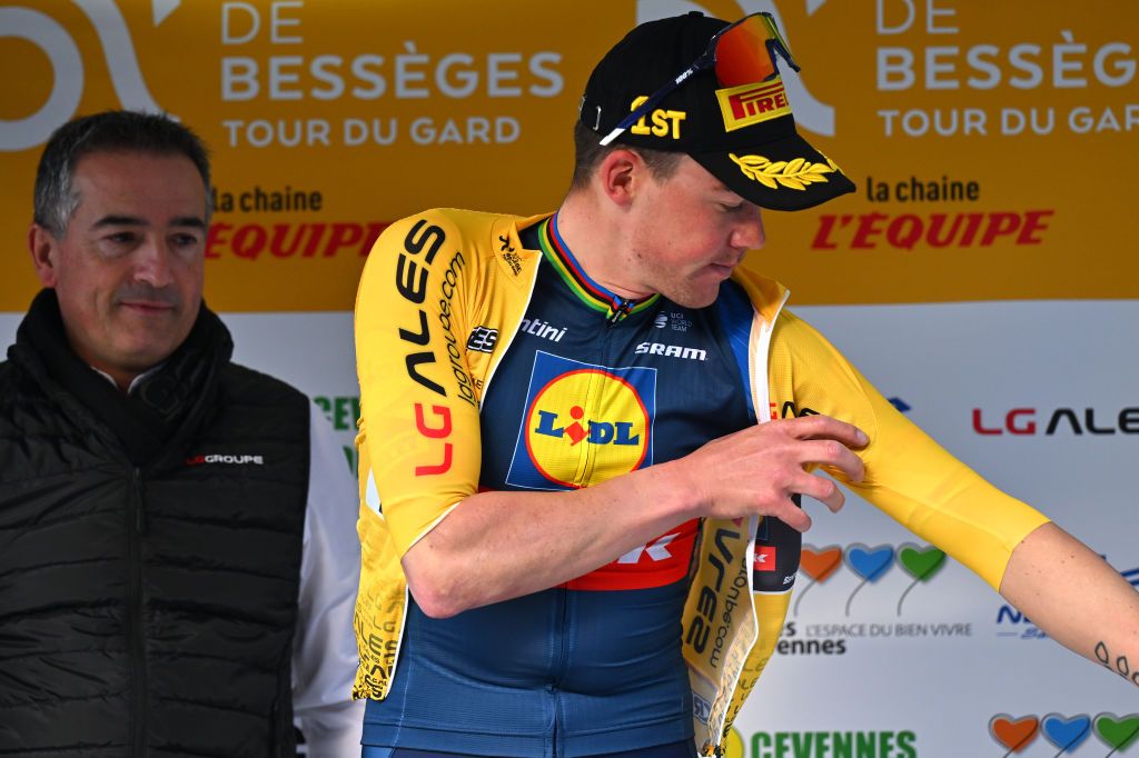 BESSEGES FRANCE FEBRUARY 02 Mads Pedersen of Denmark and Team Lidl Trek celebrates at podium as Yellow Points Jersey winner during the 54th Etoile de Besseges Tour du Gard Stage 3 a 16111km stage from Besseges to Besseges on February 02 2024 in Besseges France Photo by Luc ClaessenGetty Images