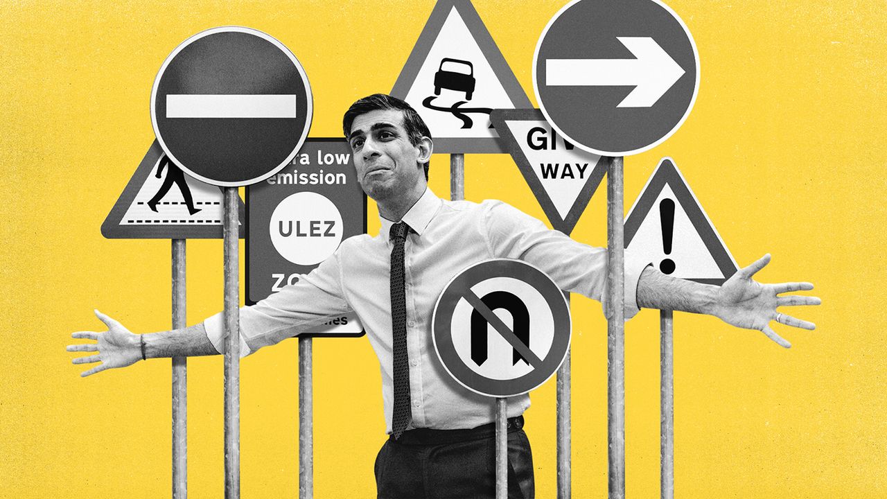 Illustration of Rishi Sunak and road signs