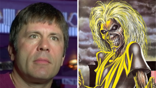 Bruce Dickinson next to Iron Maiden's Killers art