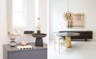 Left, ceramics by Object and Totem, and ’Feehan’ mirror, by Egg Collective. Right, ’Oscar’ dining table with ’Densen’ dining chairs, ’Turner’ sideboard, all by Egg Collective; and ’Gathering’, by Hiroko Takeda.