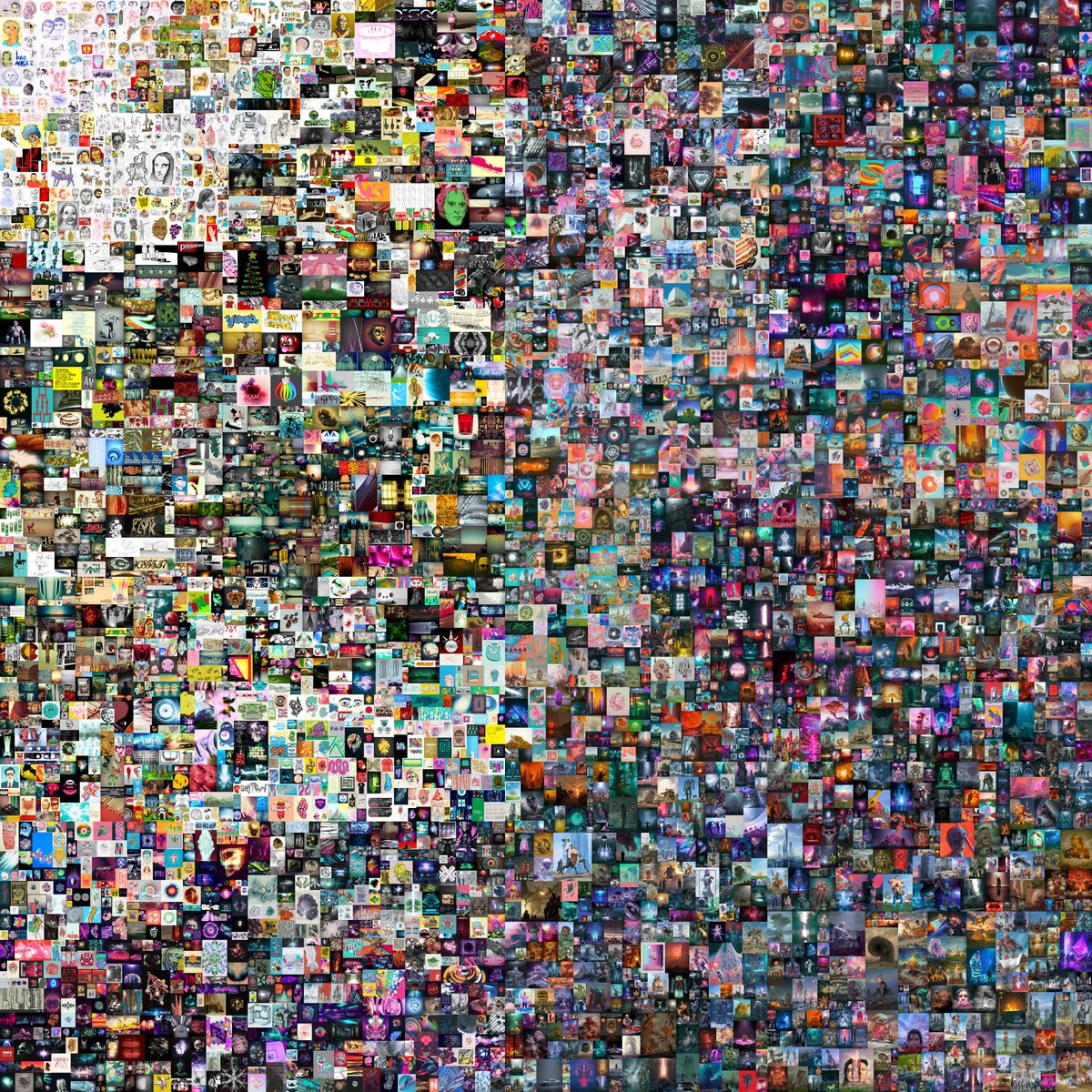 This image shows the full work &quot;Everydays: The First 5000 Days&quot; made by Beeple, and contains 5,000 tiles containing different images.