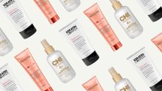 Collage of three of the best keratin treatments featured in this guide from Keratin Complex, K&eacute;rastase and CHI, set at an angle and repeated against an off-white background