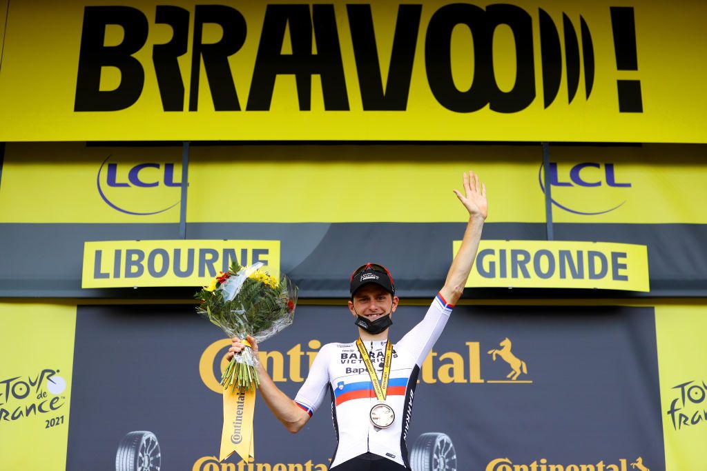 LIBOURNE FRANCE JULY 16 Matej Mohori of Slovenia and Team Bahrain Victorious stage winner celebrates at podium during the 108th Tour de France 2021 Stage 19 a 207km stage from Mourenx to Libourne LeTour TDF2021 on July 16 2021 in Libourne France Photo by Tim de WaeleGetty Images