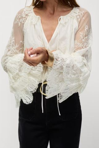 M&S Lace Embroidered Tie Neck Blouse