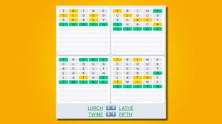 Quordle Daily Sequence answers for game 487 on a yellow background