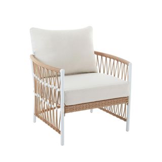 Wooden club chair with rope detail and white cushions