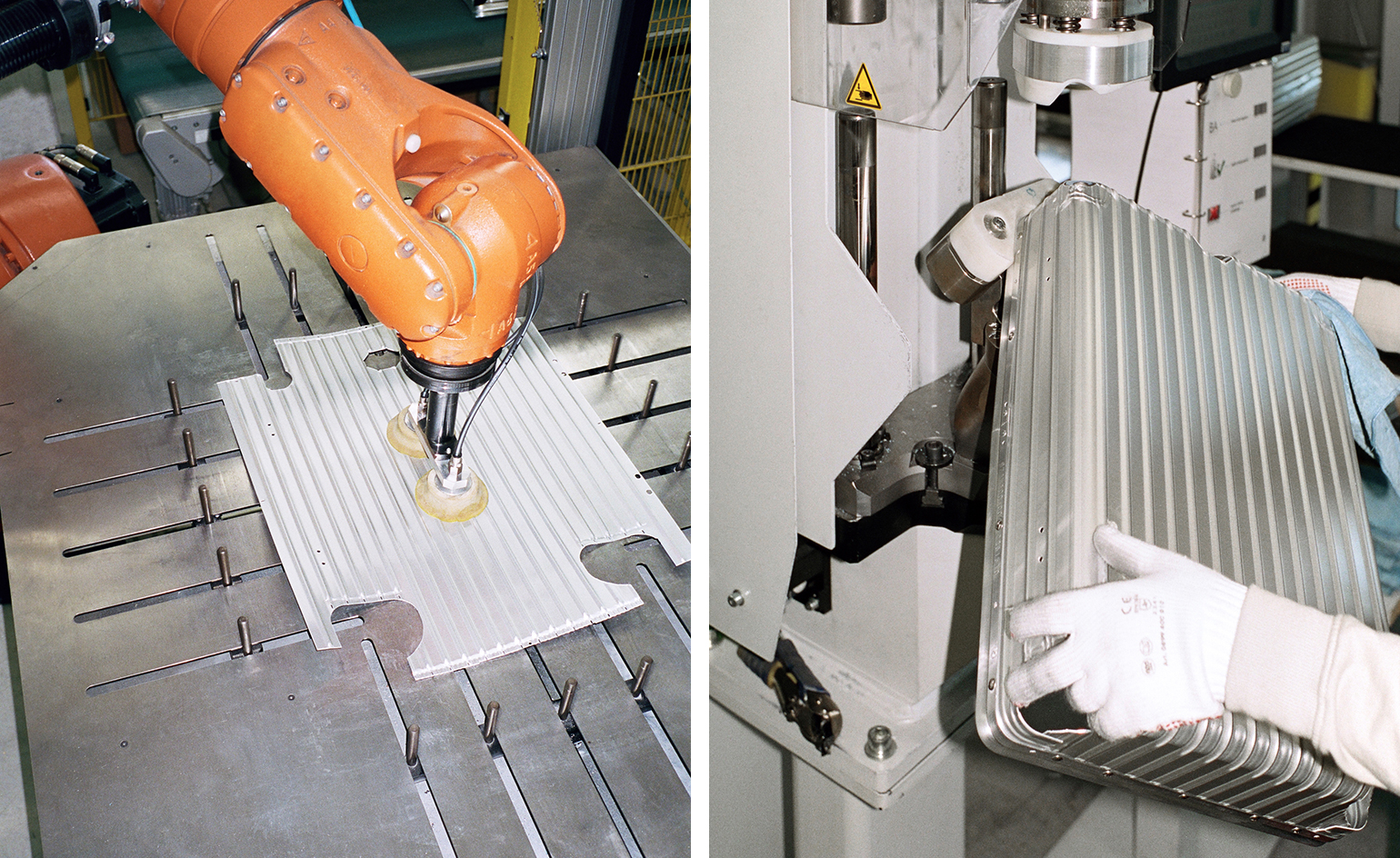 Paired image of Rimowa aluminium suitcases in the making