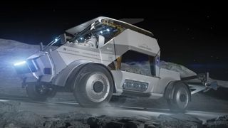 artist's concept of a gray, four-wheeled astronaut-driven rover on the moon