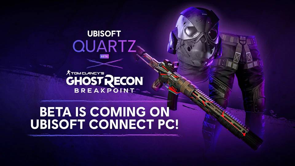 Pancarta de Ubisoft Quartz que muestra la máscara NFT, los trusers y la piel de pistola que los jugadores pueden comprar o ganar