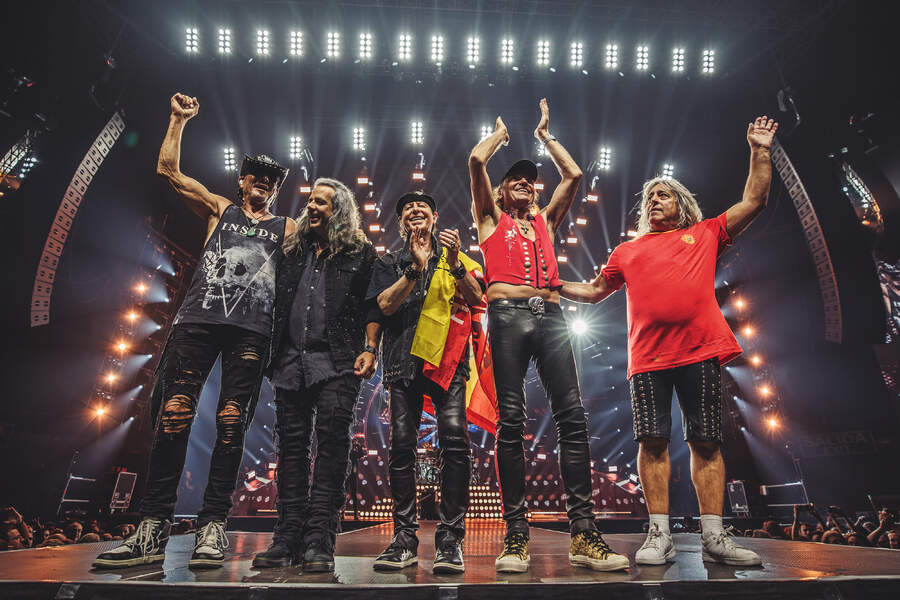 Rudolf Schenker, Pawe&amp;#322; M&amp;#261;ciwoda, Klaus Meine, Matthias Jabs and Mikkey Dee of Scorpions perform in concert at Wizink Center on July 16, 2024 in Madrid, Spain.