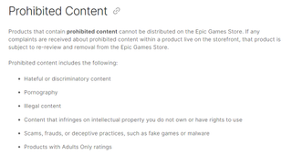A list of prohibited content on the Epic Games Store.