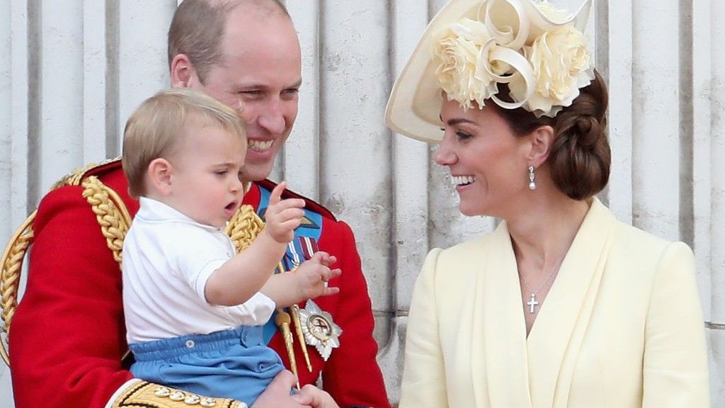 Prince William, Duke of Cambridge, Catherine, Duchess of Cambridge, Prince Louis of Cambridge, Prince George of Cambridge and Princess Charlotte of Cambridge during Trooping The Colour, the Queen&#039;s annual birthday parade