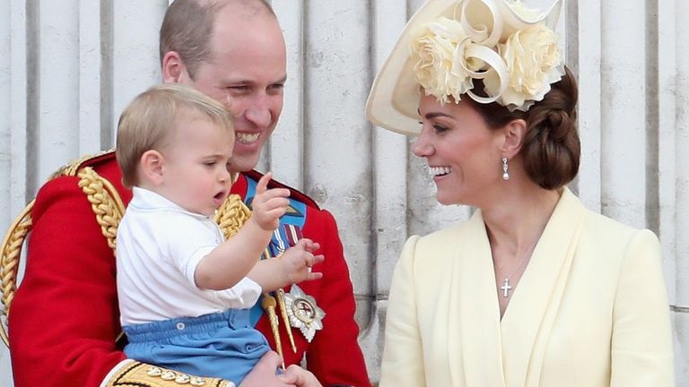 Prince William, Duke of Cambridge, Catherine, Duchess of Cambridge, Prince Louis of Cambridge, Prince George of Cambridge and Princess Charlotte of Cambridge during Trooping The Colour, the Queen's annual birthday parade