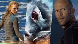 L-R: A collage of stills featuring Blake Lively in the water in a scene from "The Shallows," the key art for "Sharknado," and Jason Statham in a scene from "The Meg"