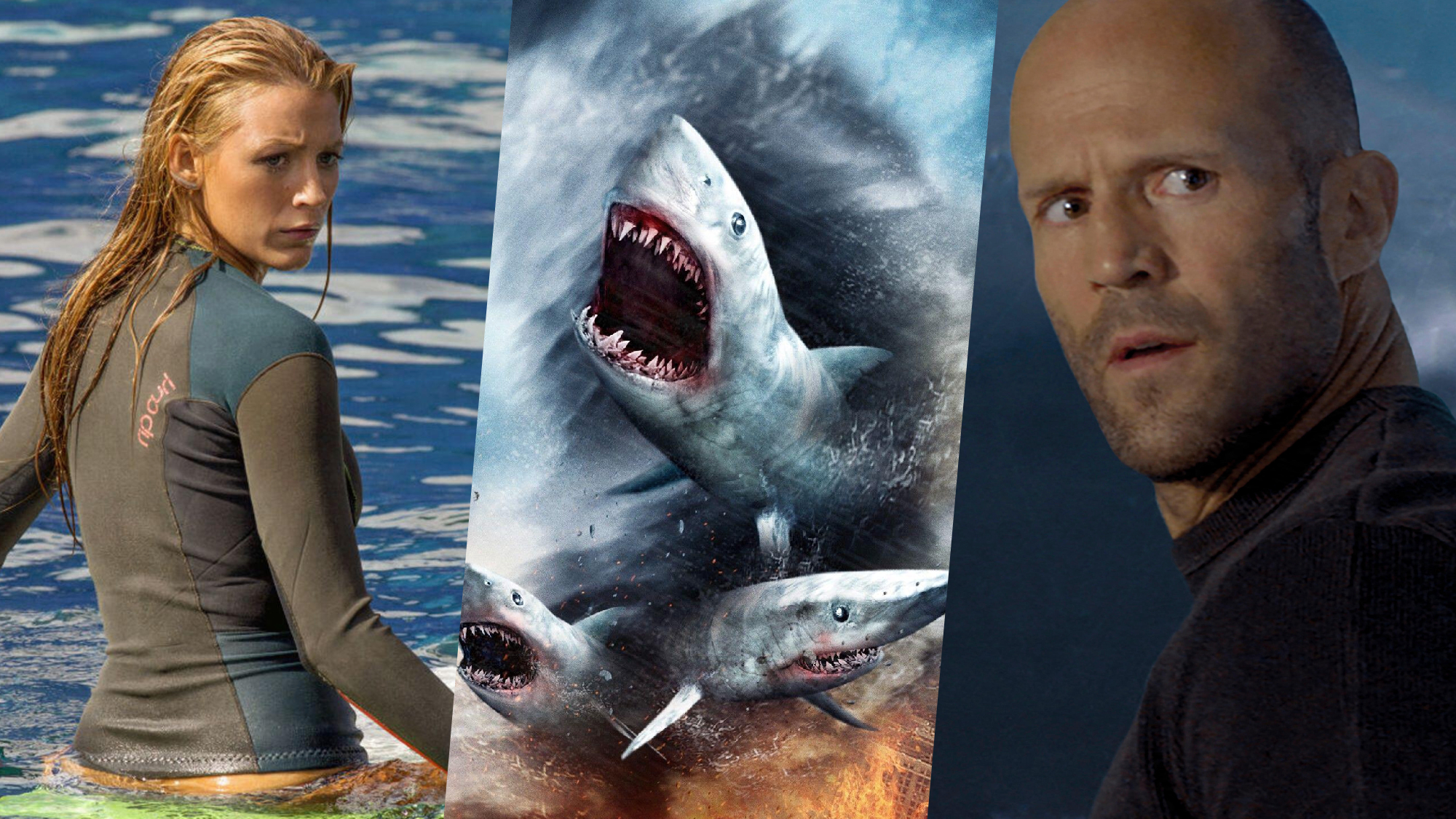 L-R: A collage of stills featuring Blake Lively in the water in a scene from "The Shallows," the key art for "Sharknado," and Jason Statham in a scene from "The Meg"