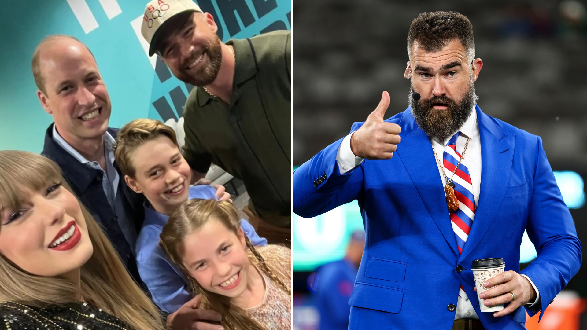 Jason Kelce jokes about his meeting with Princess Charlotte and Prince George and the royal protocol issue he didn't know how to follow, the royals are pictured in a selfie with Taylor Swift