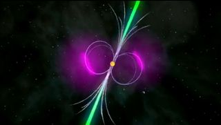 This still from a NASA animation depicts the super-bright and super-young pulsar J1823-2021A, which is the brightest and youngest pulsar yet discovered, and has a powerful magnetic field. The pulsar spins about 