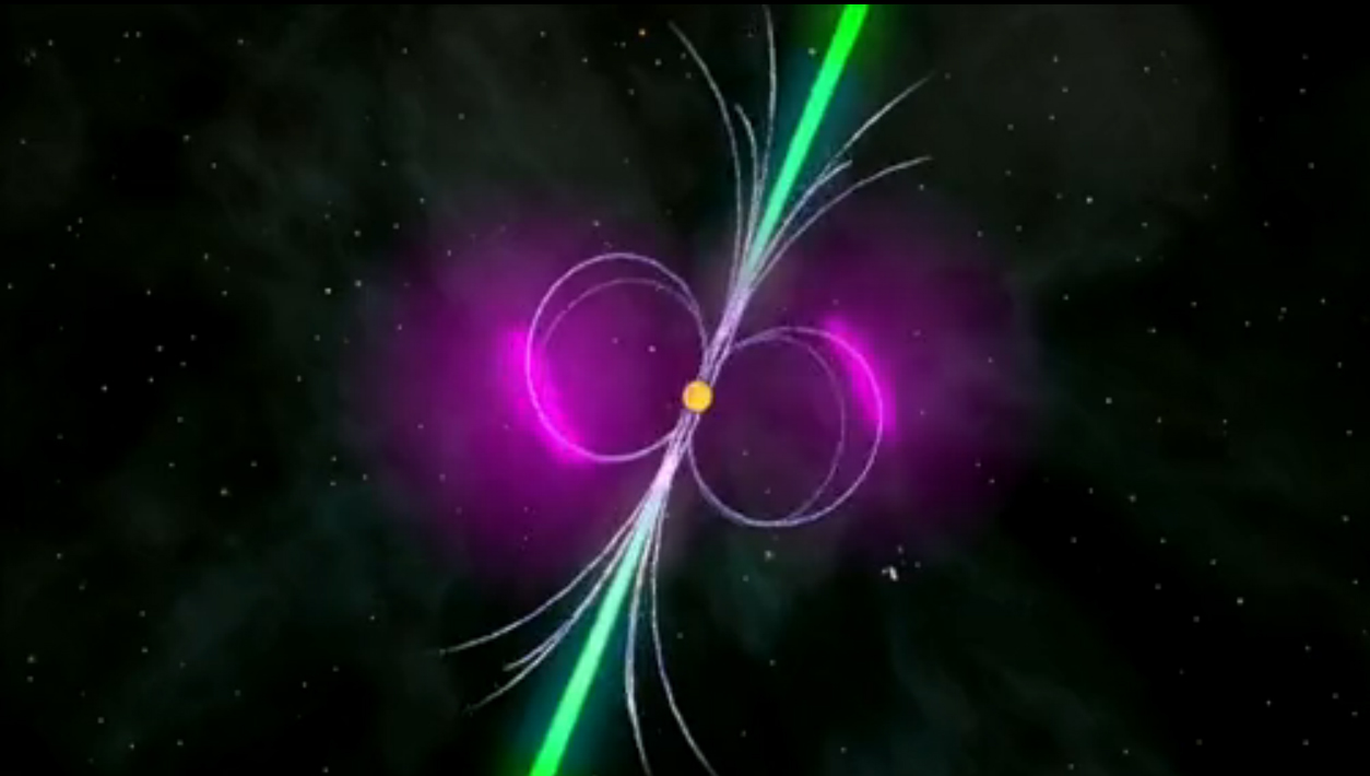 This still image from a NASA animation shows the super bright and super young pulsar J1823-2021A, which is the brightest and youngest pulsar yet discovered, and has a powerful magnetic field.  The pulsar revolves around The object pulses 183.8 times per second and is located about 27,000 light-years from Earth.