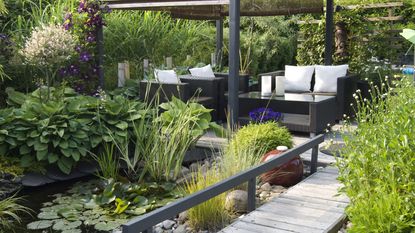 a modern gazebo in a garden