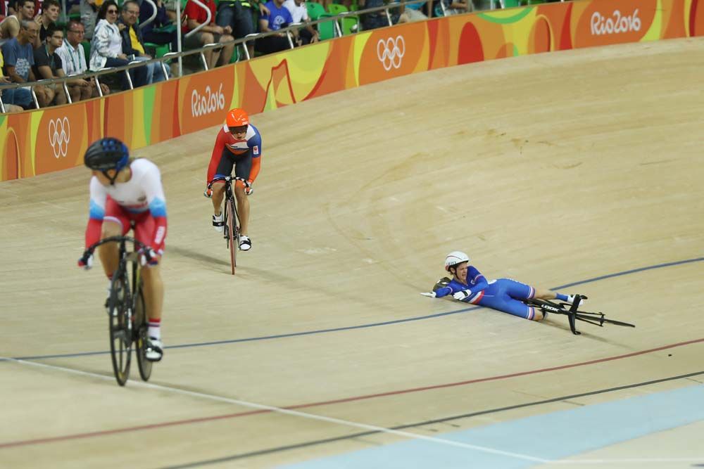 Virginie Cueff of France went down hard but was not hurt