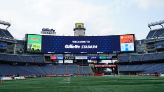 A new Daktronics LED display lights up the New England Patriots end zone. 
