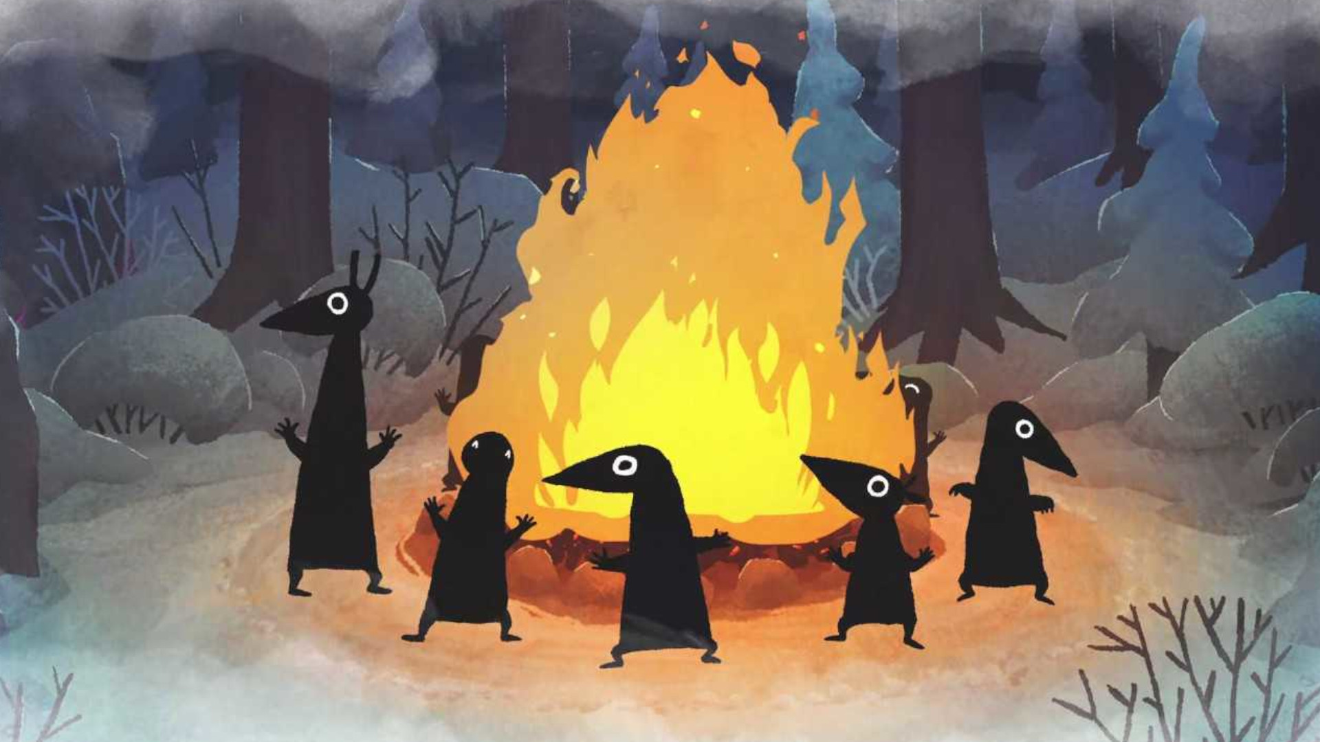 A group of Winter Beigns dancing around a bonfire in the middle of the snowy woods during the cozy game Moomintroll: Winter's Warmth