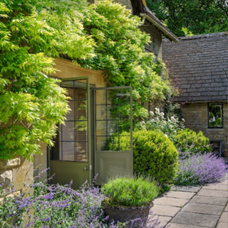 Patio outside the Cotswold stone cottage with a wisteria and flowerbeds of lavender. A four bedroom cottage in Norfolk dating from the 1920s, home of Emma Rae, interior designer, her husband Andrew and their pet dog Norfolk Terrier Milly.