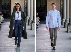 Models wear green coat, blue shirts and tailored trousers at Pal Zileri S/S 2018