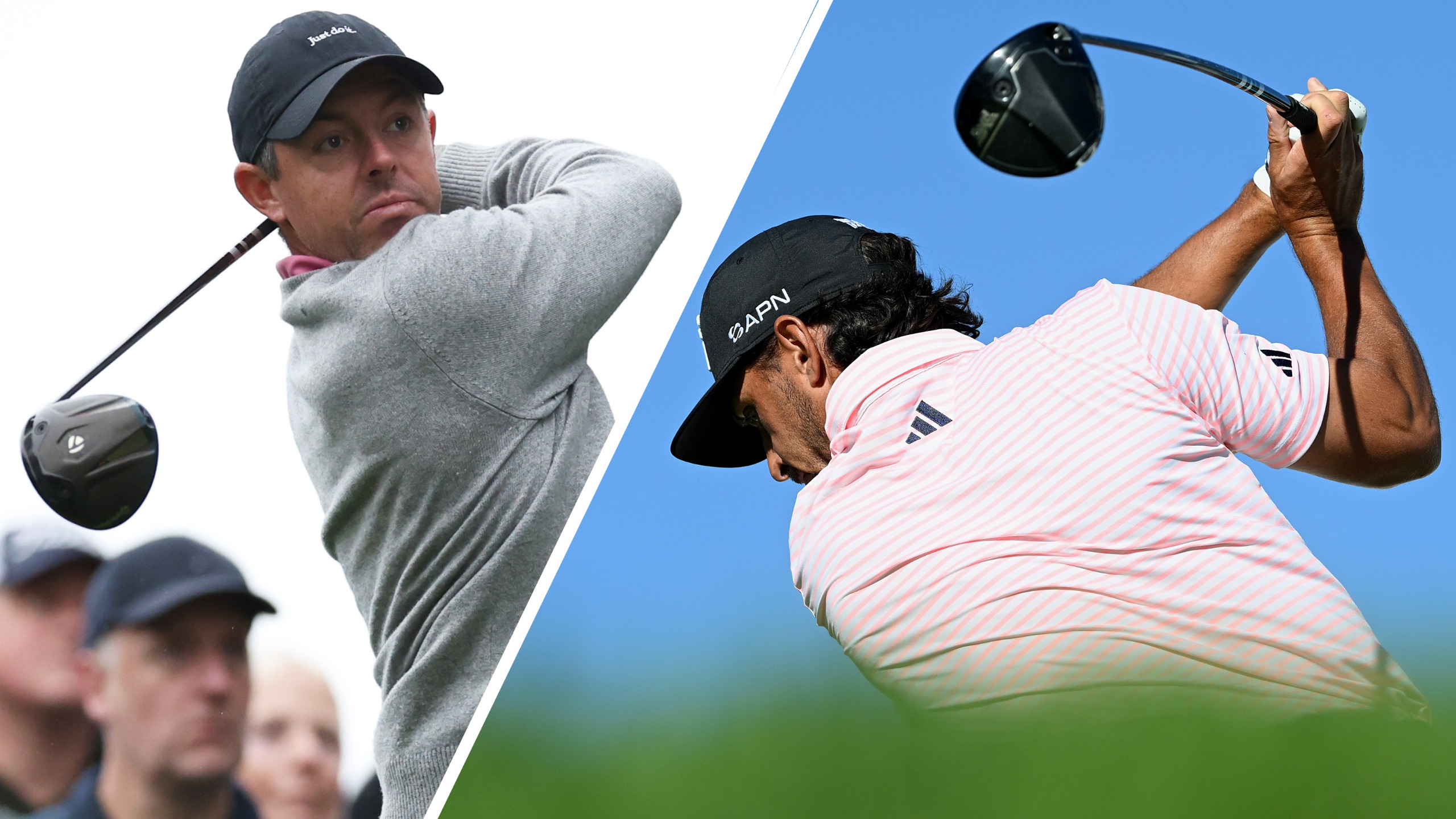 Rory McIlroy hits a driver off the tee, with Marco Penge also hitting a driver