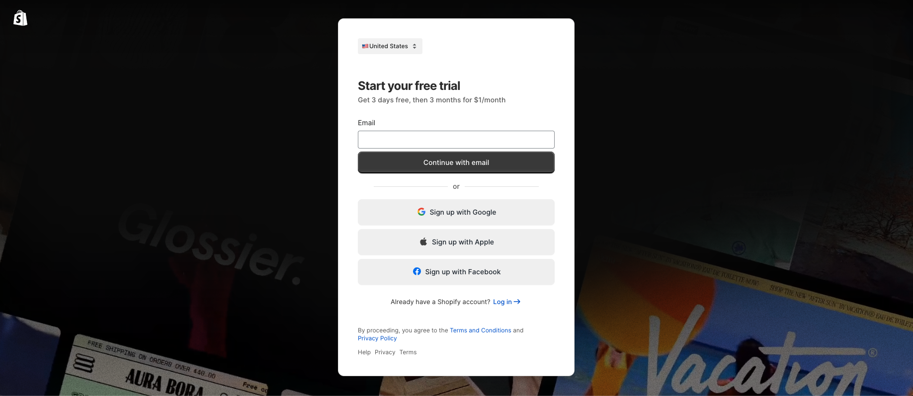 screenshot of Shopify login screen with option for logging including email, Facebook and Google.
