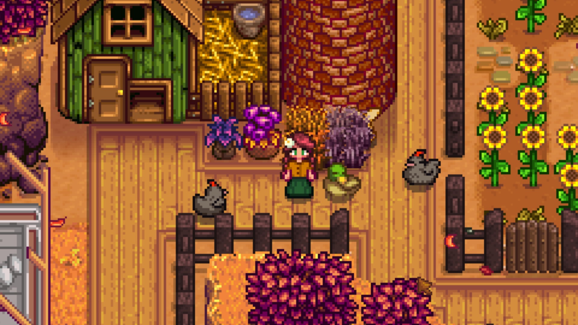 Stardew Valley farm animals sitting around a player character. There are two Void Chickens, a Duck, and Rabbit in front of a coop during the fall.