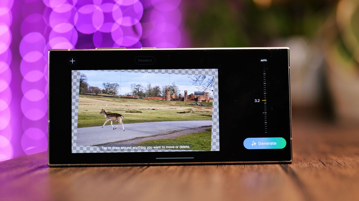 Photo displayed on a Samsung Galaxy S24 Ultra phone screen with purple lights blurred in the background
