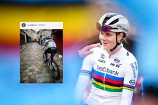 Lotte Kopecky in a rainbow jersey with an image embedded of the Belgian riding through Paris