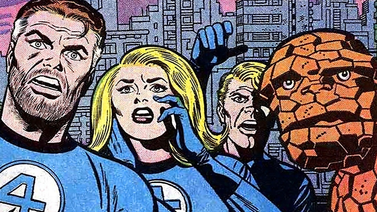 Una captura de pantalla de los Cuatro Fantásticos luciendo sorprendidos en un panel de un cómic de Marvel.