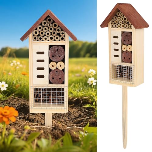 Lulu Home Wooden Insect House With Stake, Hanging &amp;amp; Inserting Two Mount Ways Insect Hotel for Bee, Butterfly, Ladybirds, Beneficial Insect Habitat, Bug Hotel Garden, 19.7 X 3.4 X 5.4 Inch