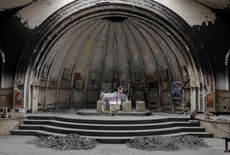The altar of a damaged church in the town of Qaraqosh, south of Mosul.