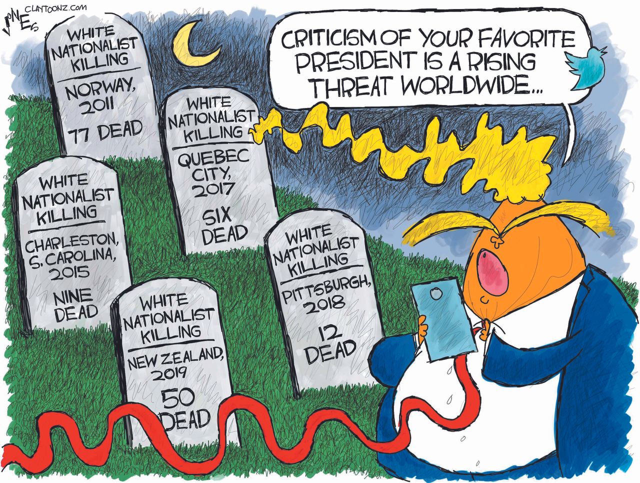 Political Cartoon World Trump White nationalist attacks