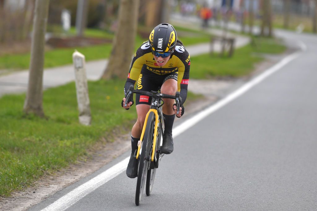 WEVELGEM BELGIUM MARCH 28 Anna Henderson of United Kingdom and Team Jumbo Visma during the 10th GentWevelgem In Flanders Fields 2021 Womens Elite a 1417km race from Ypres to Wevelgem Breakaway GWE21 GWEWomen FlandersClassic UCIWWT on March 28 2021 in Wevelgem Belgium Photo by Luc ClaessenGetty Images