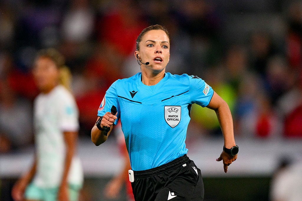 Referee Marta Huerta De Aza runs in the field during the UEFA Womens EURO 2025 Group A match between Switzerland and Iceland at Stadion Wankdorf on July 6, 2025 in Bern, Switzerland.