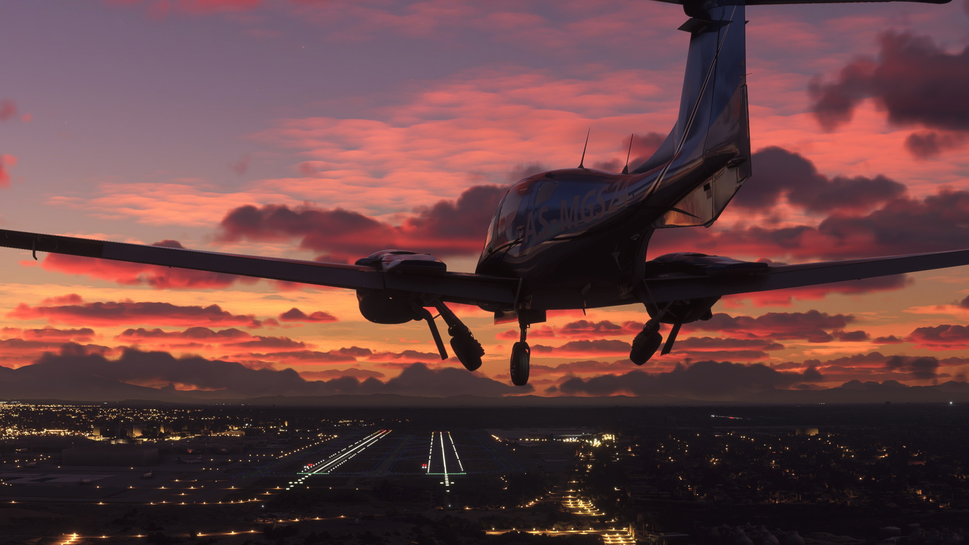 Landing at sunset in Microsoft Flight Simulator